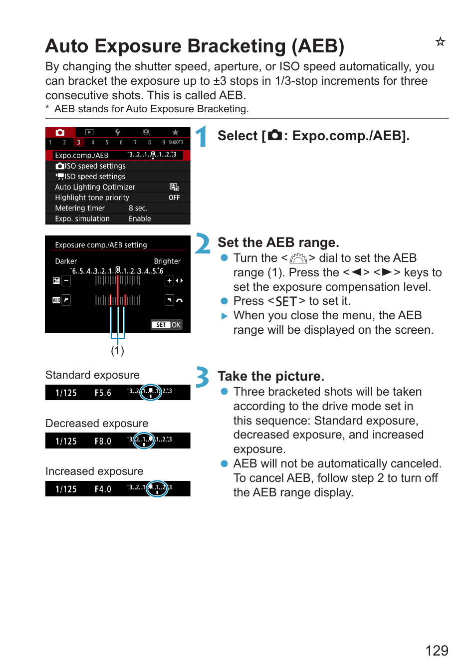 Auto exposure bracketing (aeb), Nauto exposure bracketing (aeb) | Canon EOS RP Mirrorless Camera User Manual | Page 129 / 612