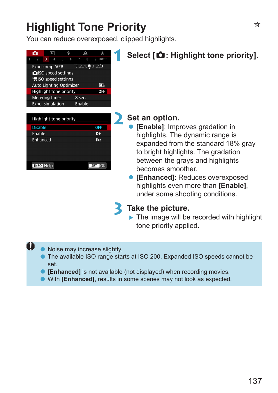 Highlight tone priority, Nhighlight tone priority | Canon EOS RP Mirrorless Camera User Manual | Page 137 / 612