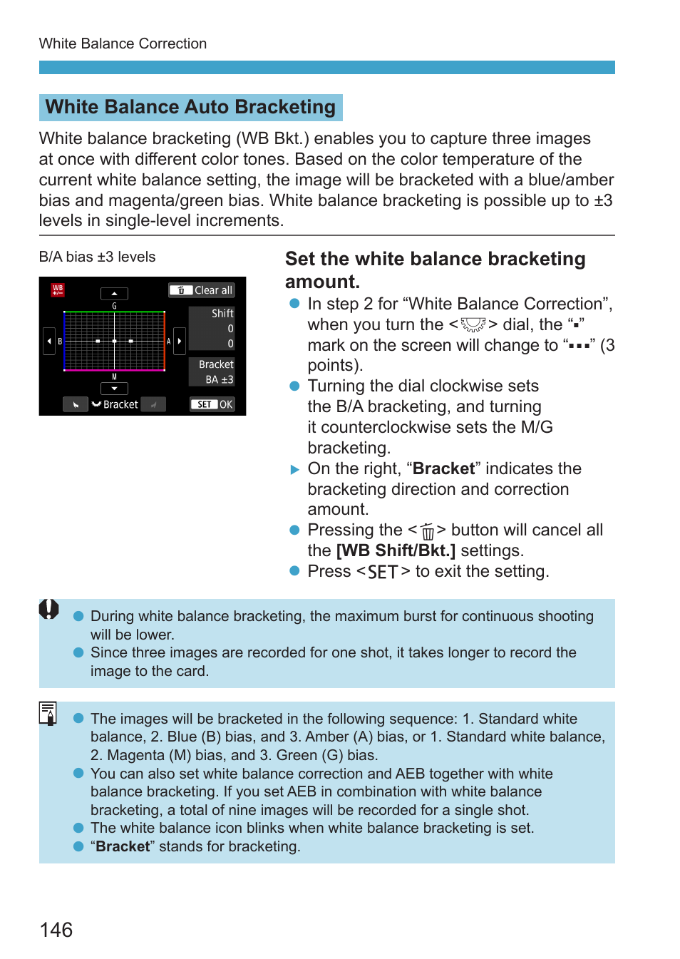 White balance auto bracketing, Set the white balance bracketing amount | Canon EOS RP Mirrorless Camera User Manual | Page 146 / 612