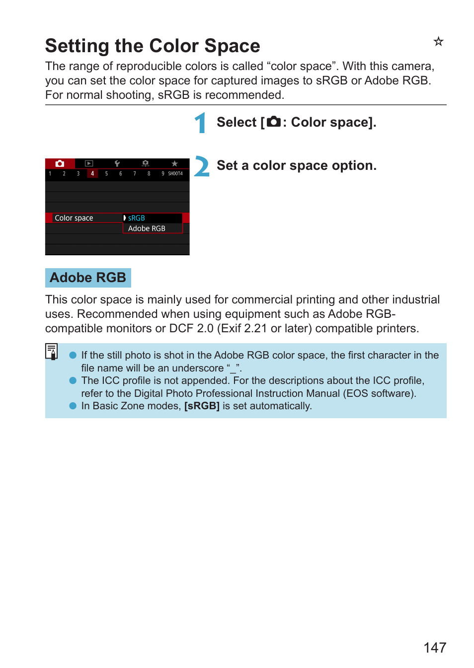 Setting the color space, Color space, Nsetting the color space | Canon EOS RP Mirrorless Camera User Manual | Page 147 / 612