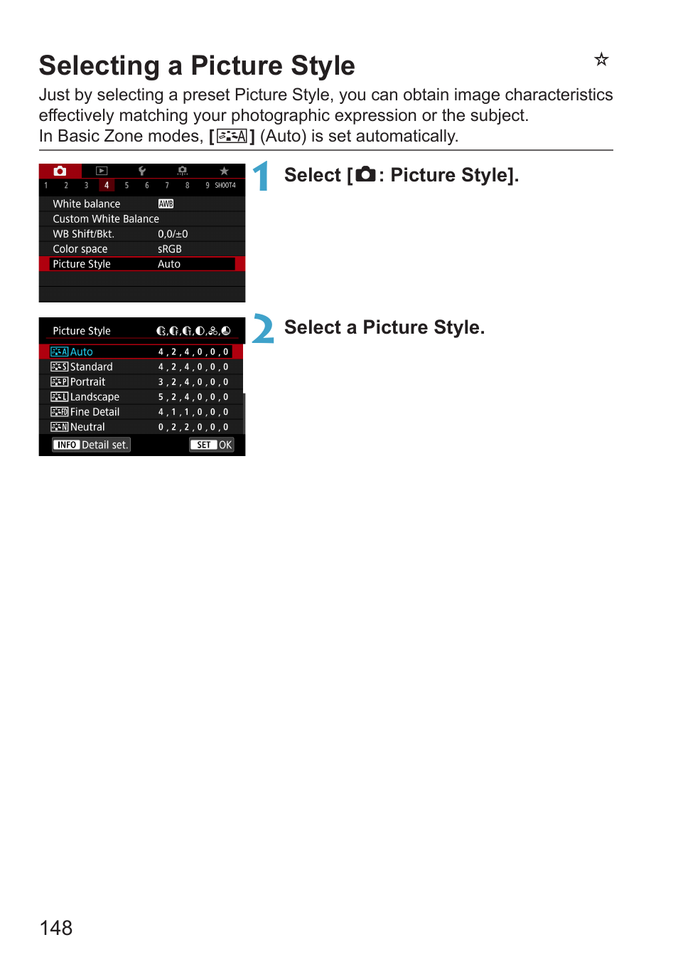 Selecting a picture style, Picture style, Then shoot again | Nselecting a picture style | Canon EOS RP Mirrorless Camera User Manual | Page 148 / 612