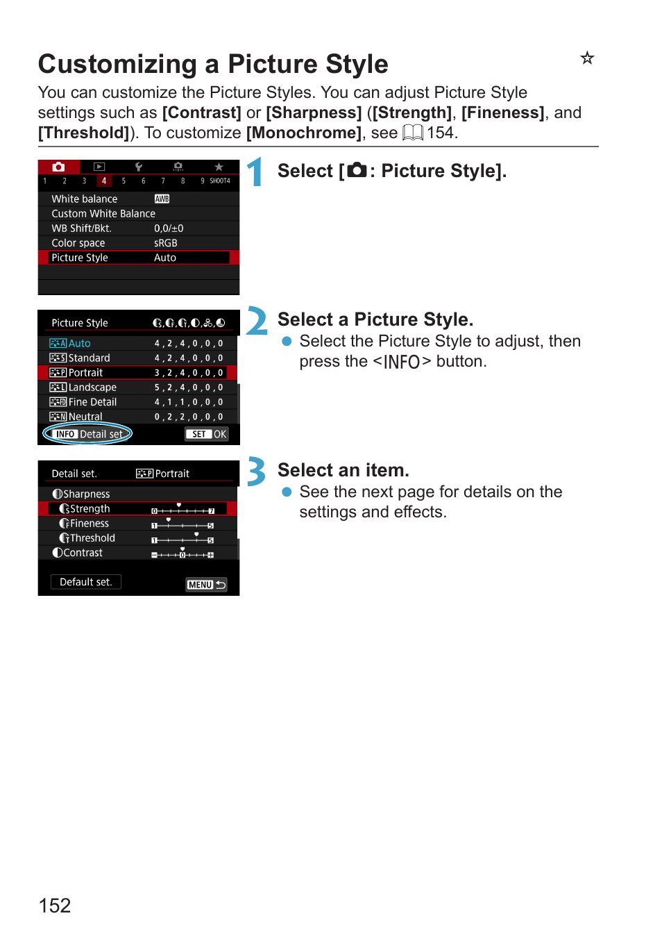 Customizing a picture style, Ncustomizing a picture style | Canon EOS RP Mirrorless Camera User Manual | Page 152 / 612