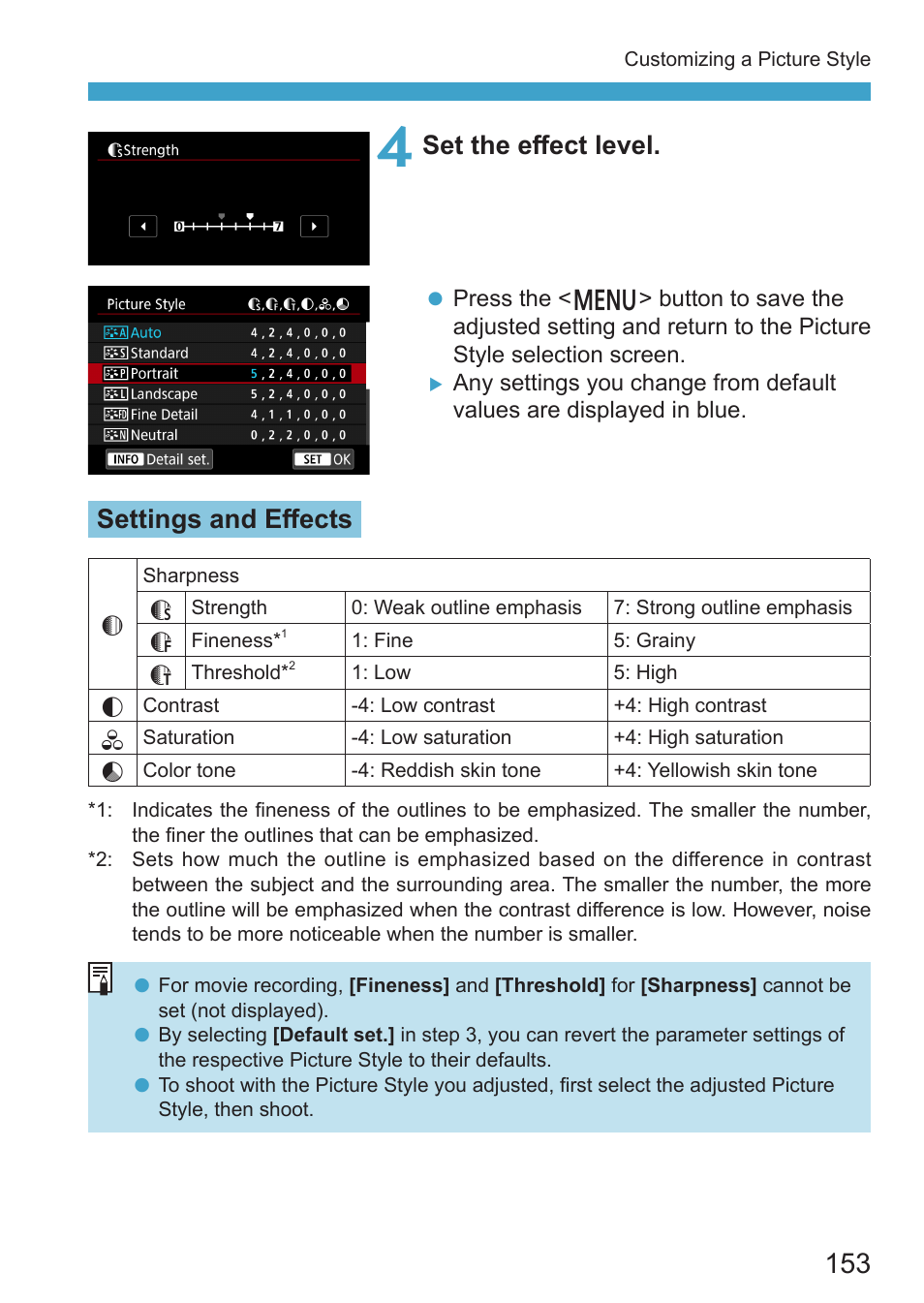Set the effect level, Settings and effects | Canon EOS RP Mirrorless Camera User Manual | Page 153 / 612