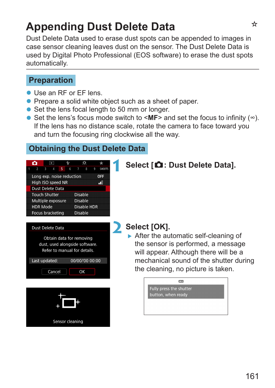 Appending dust delete data, Nappending dust delete data | Canon EOS RP Mirrorless Camera User Manual | Page 161 / 612