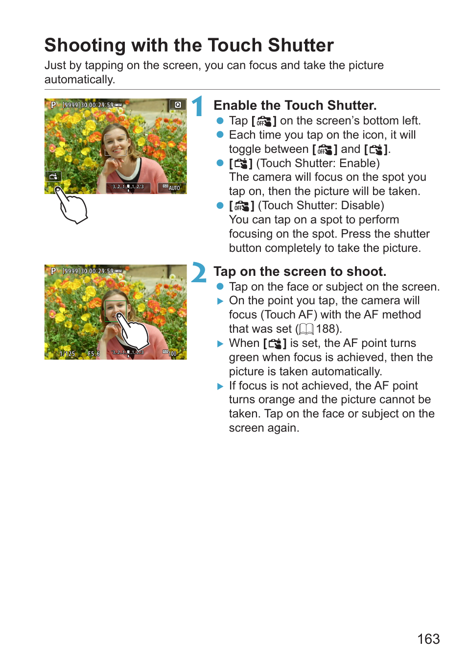 Shooting with the touch shutter | Canon EOS RP Mirrorless Camera User Manual | Page 163 / 612
