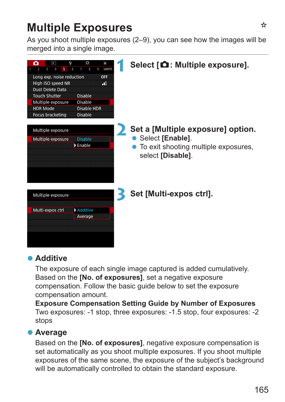 Multiple exposures, Nmultiple exposures | Canon EOS RP Mirrorless Camera User Manual | Page 165 / 612