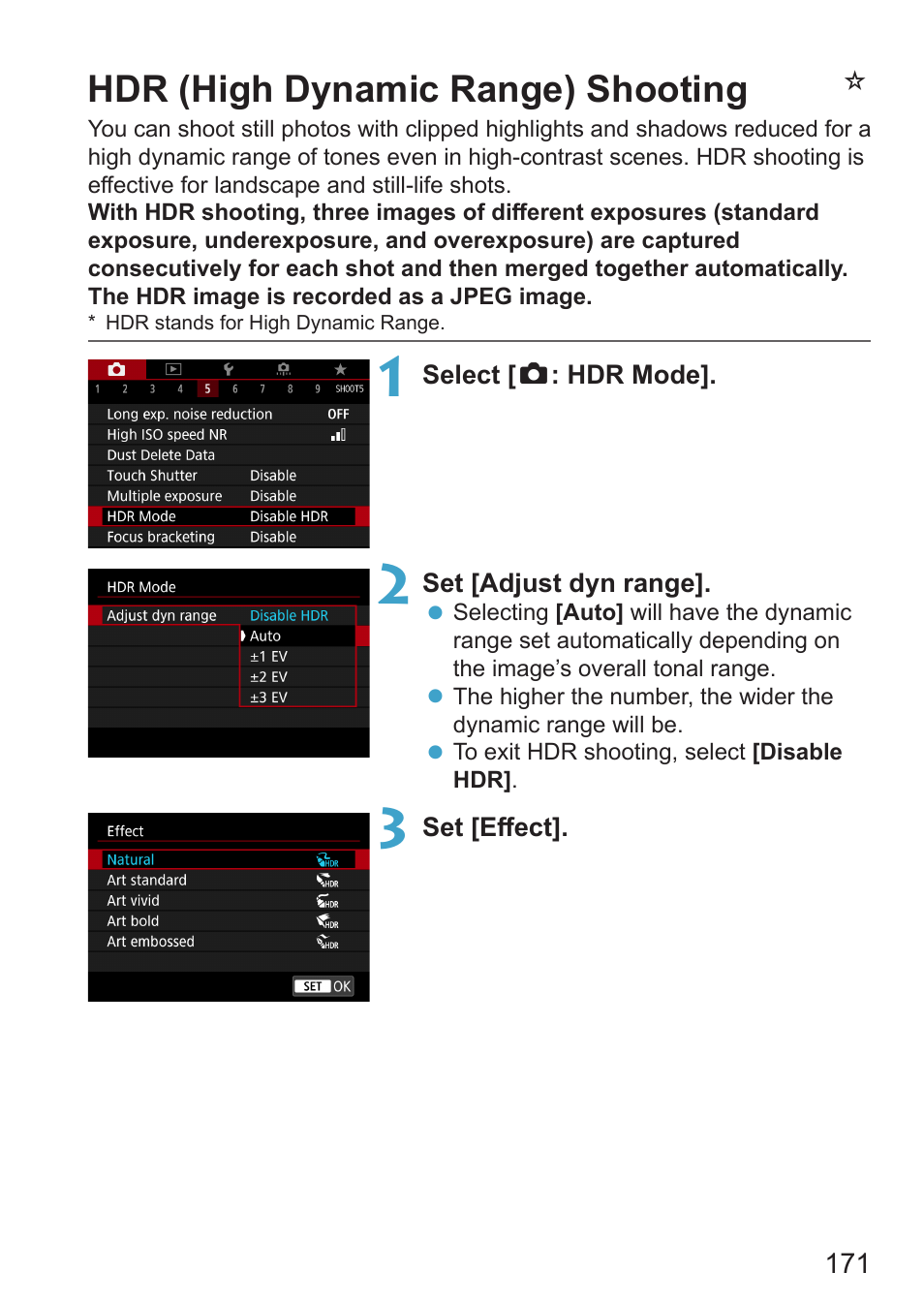 Hdr (high dynamic range) shooting, Nhdr (high dynamic range) shooting | Canon EOS RP Mirrorless Camera User Manual | Page 171 / 612