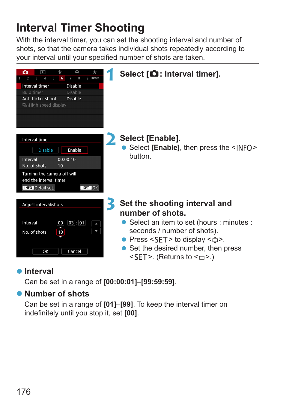 Interval timer shooting | Canon EOS RP Mirrorless Camera User Manual | Page 176 / 612