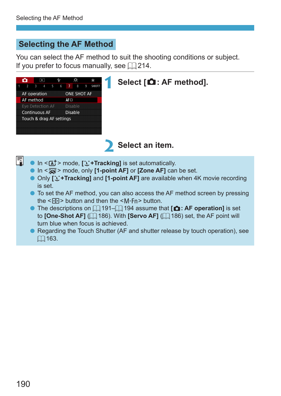 Selecting the af method, Select [ z : af method, Select an item | Canon EOS RP Mirrorless Camera User Manual | Page 190 / 612