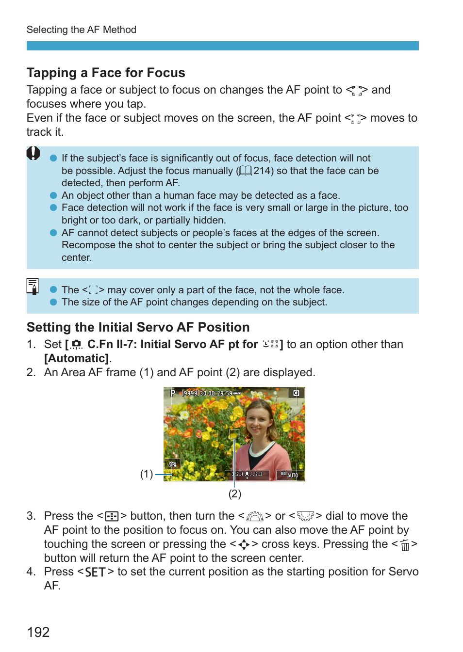 Tapping a face for focus, Setting the initial servo af position | Canon EOS RP Mirrorless Camera User Manual | Page 192 / 612