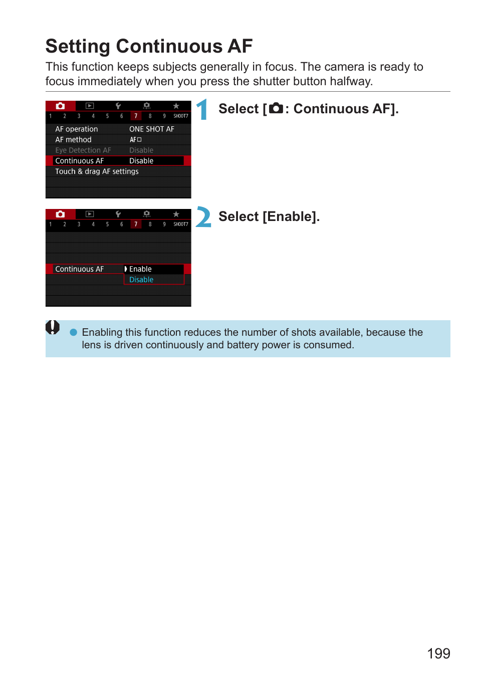 Setting continuous af | Canon EOS RP Mirrorless Camera User Manual | Page 199 / 612