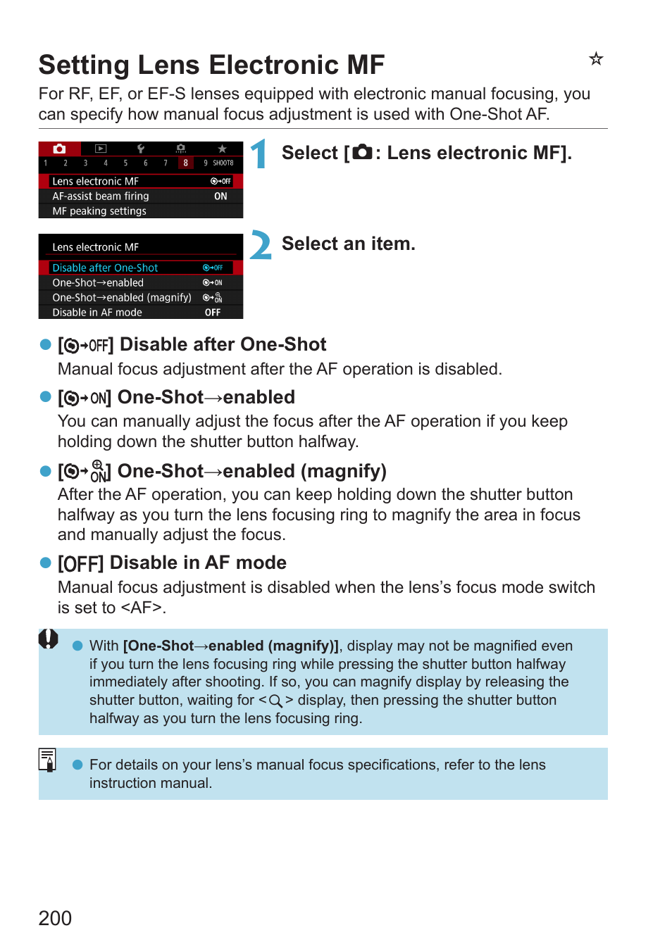 Setting lens electronic mf, Nsetting lens electronic mf | Canon EOS RP Mirrorless Camera User Manual | Page 200 / 612