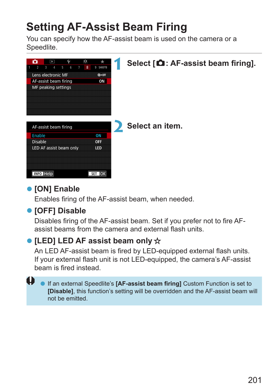 Setting af-assist beam firing, 201) is automatically activated if | Canon EOS RP Mirrorless Camera User Manual | Page 201 / 612