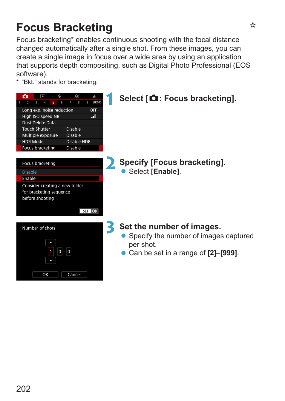 Focus bracketing, Nfocus bracketing | Canon EOS RP Mirrorless Camera User Manual | Page 202 / 612