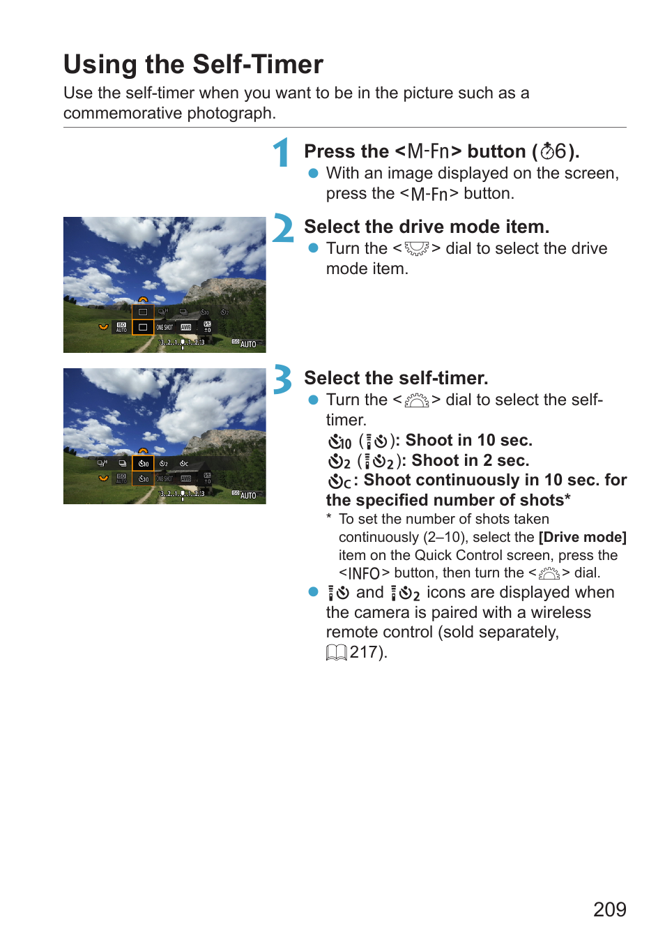 Using the self-timer, Self-timer, For self-timer shooting, see | For remote control shooting, see | Canon EOS RP Mirrorless Camera User Manual | Page 209 / 612