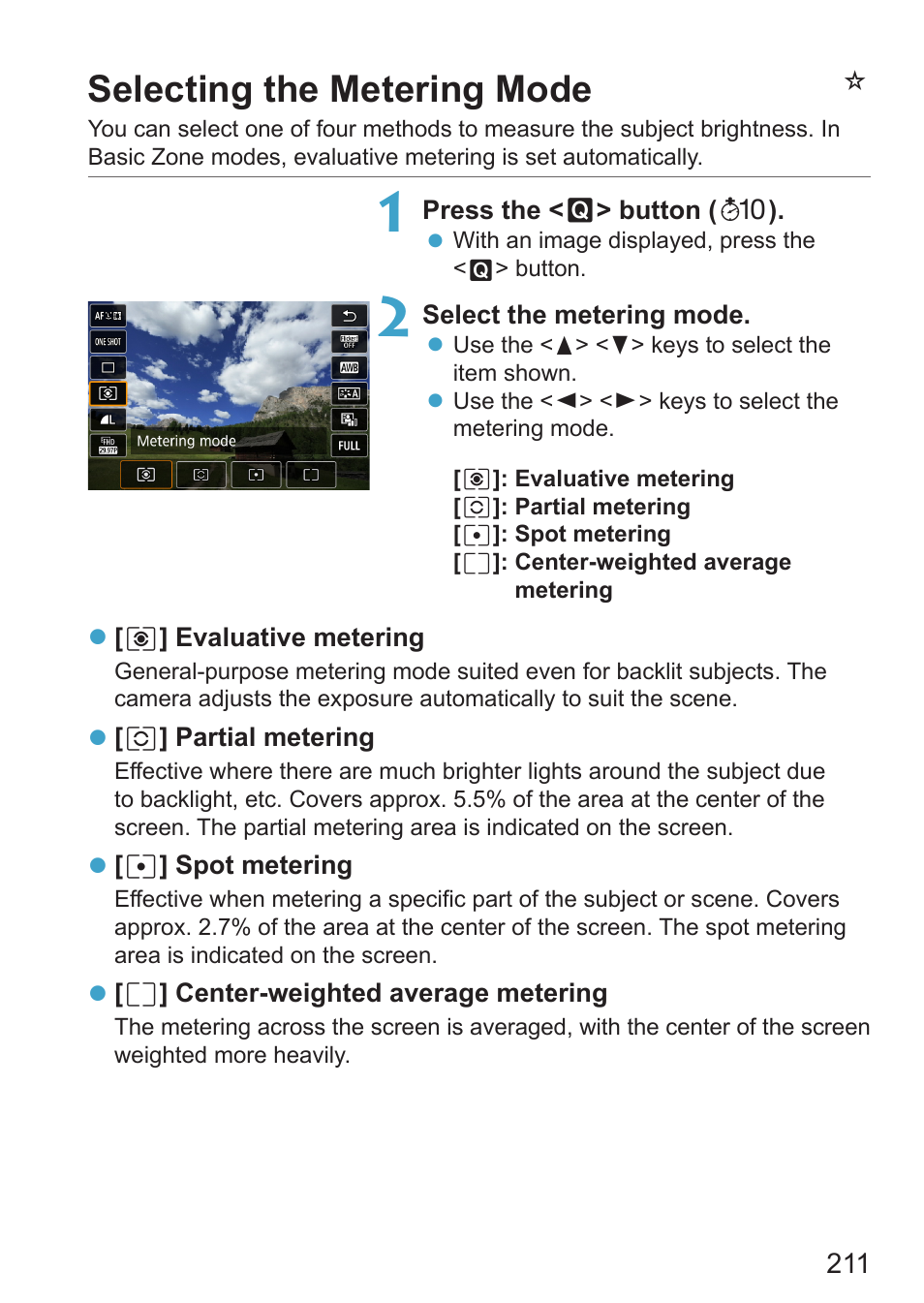 Selecting the metering mode, Metering mode, Nselecting the metering mode | Canon EOS RP Mirrorless Camera User Manual | Page 211 / 612