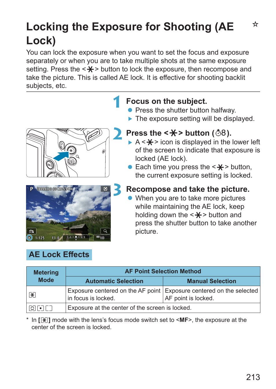 Locking the exposure for shooting (ae lock), Ae lock, Nlocking the exposure for shooting (ae lock) | Canon EOS RP Mirrorless Camera User Manual | Page 213 / 612