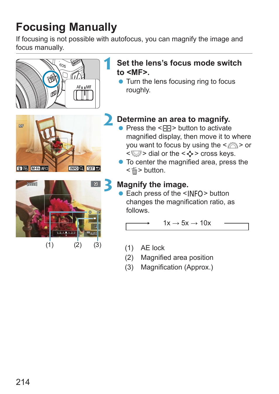 Focusing manually | Canon EOS RP Mirrorless Camera User Manual | Page 214 / 612