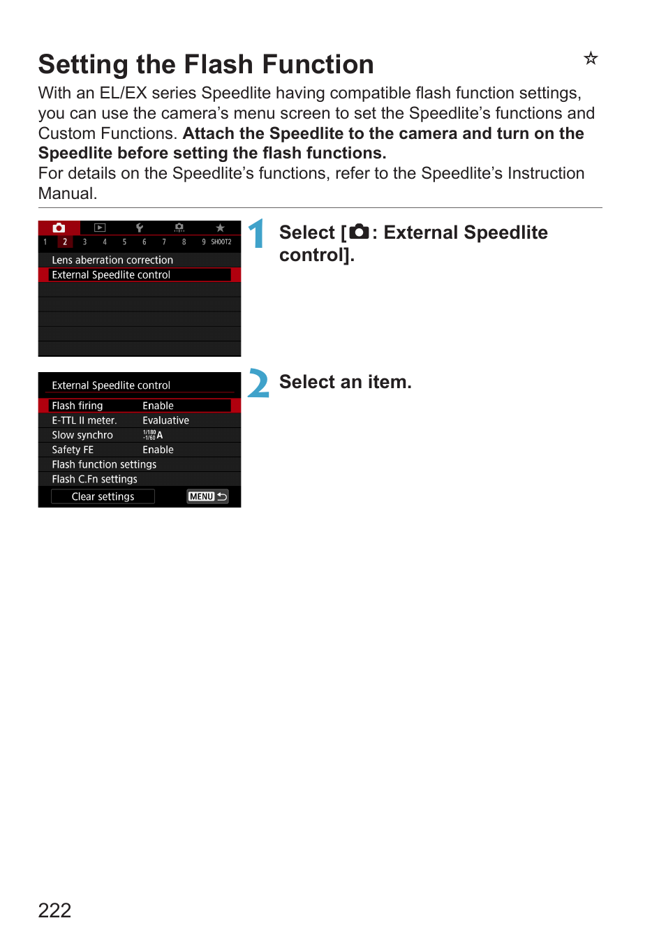 Setting the flash function, Menu screen, see, Nsetting the flash function | Canon EOS RP Mirrorless Camera User Manual | Page 222 / 612