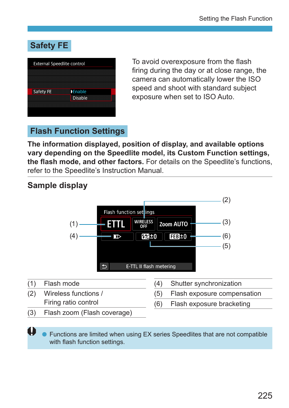 Flash function settings, Safety fe, Sample display | Canon EOS RP Mirrorless Camera User Manual | Page 225 / 612