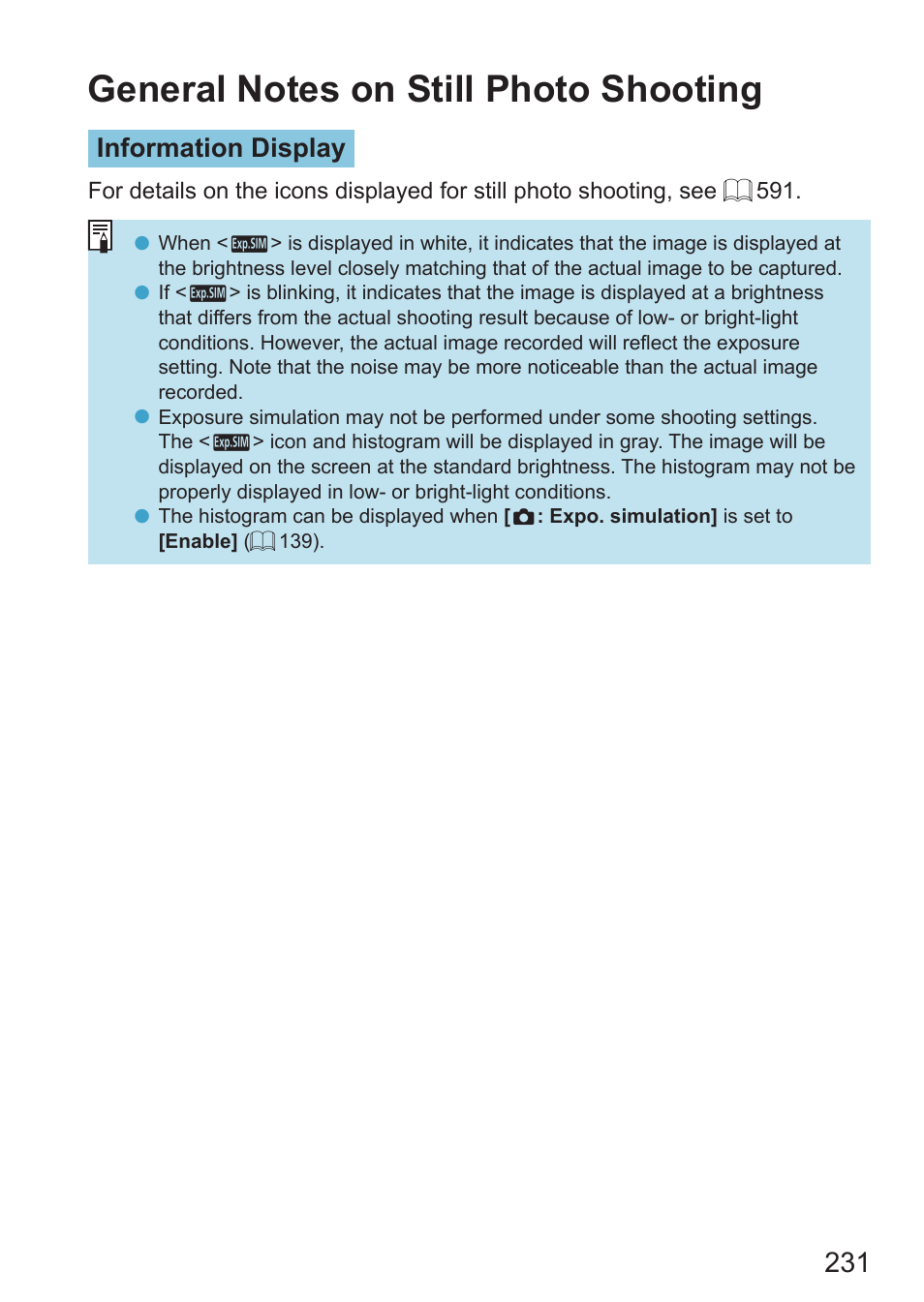 General notes on still photo shooting, Information display | Canon EOS RP Mirrorless Camera User Manual | Page 231 / 612