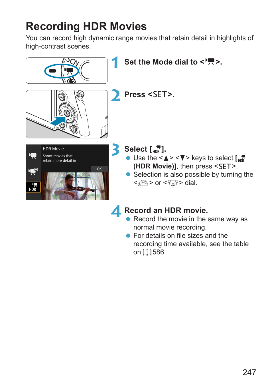 Recording hdr movies | Canon EOS RP Mirrorless Camera User Manual | Page 247 / 612