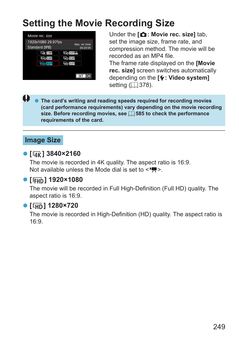 Setting the movie recording size | Canon EOS RP Mirrorless Camera User Manual | Page 249 / 612