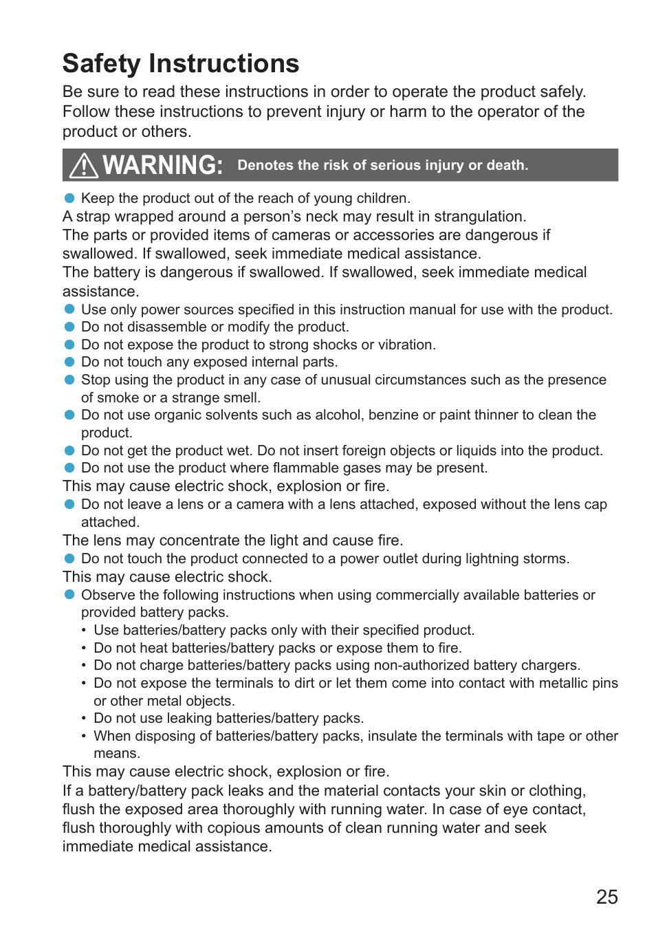 Safety instructions, Warning | Canon EOS RP Mirrorless Camera User Manual | Page 25 / 612