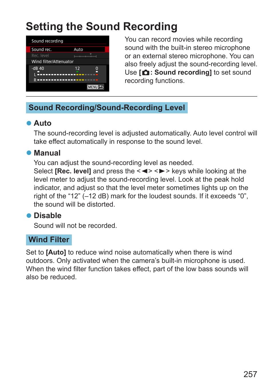 Setting the sound recording, Sound recording | Canon EOS RP Mirrorless Camera User Manual | Page 257 / 612