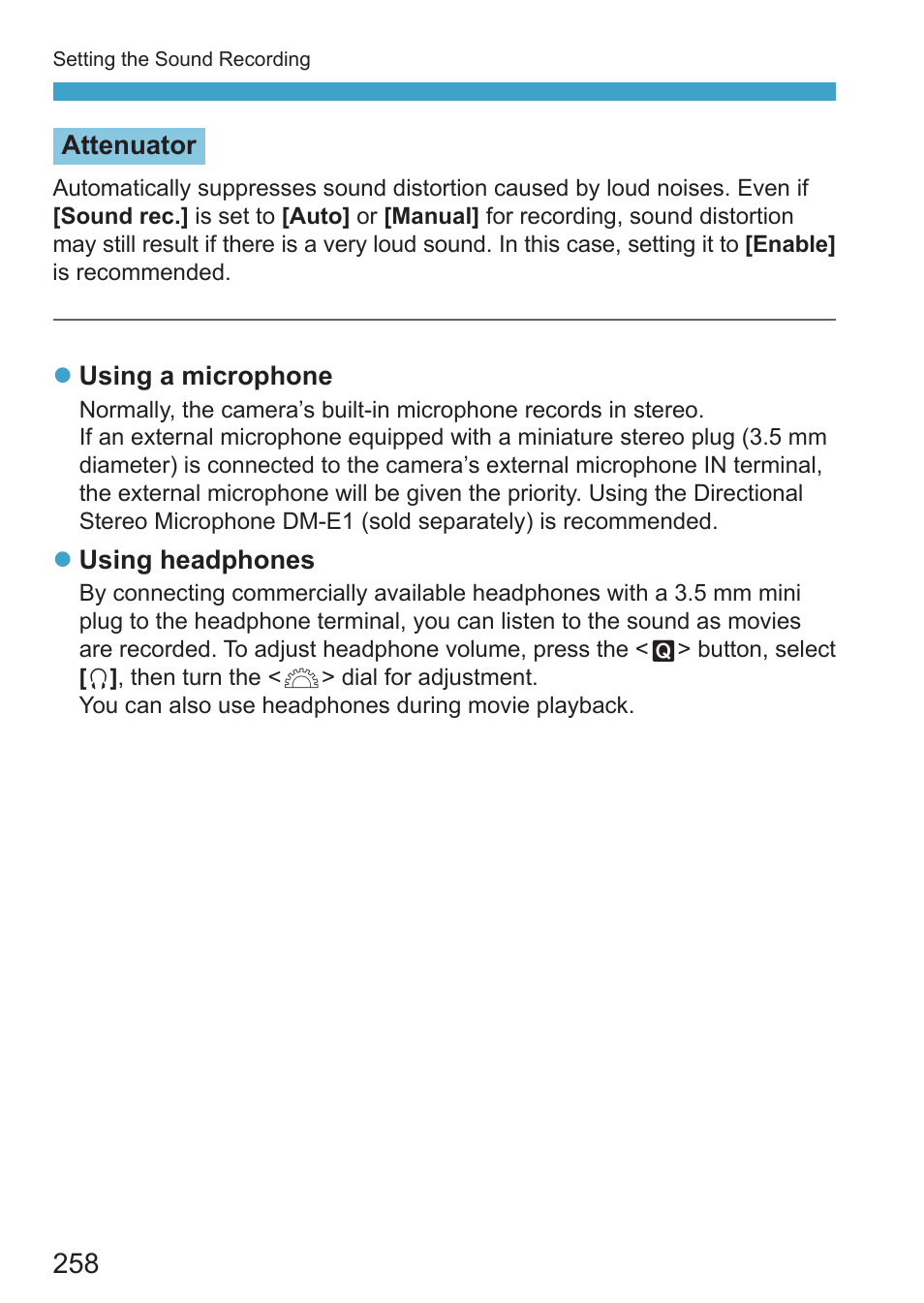 Microphone, Attenuator | Canon EOS RP Mirrorless Camera User Manual | Page 258 / 612