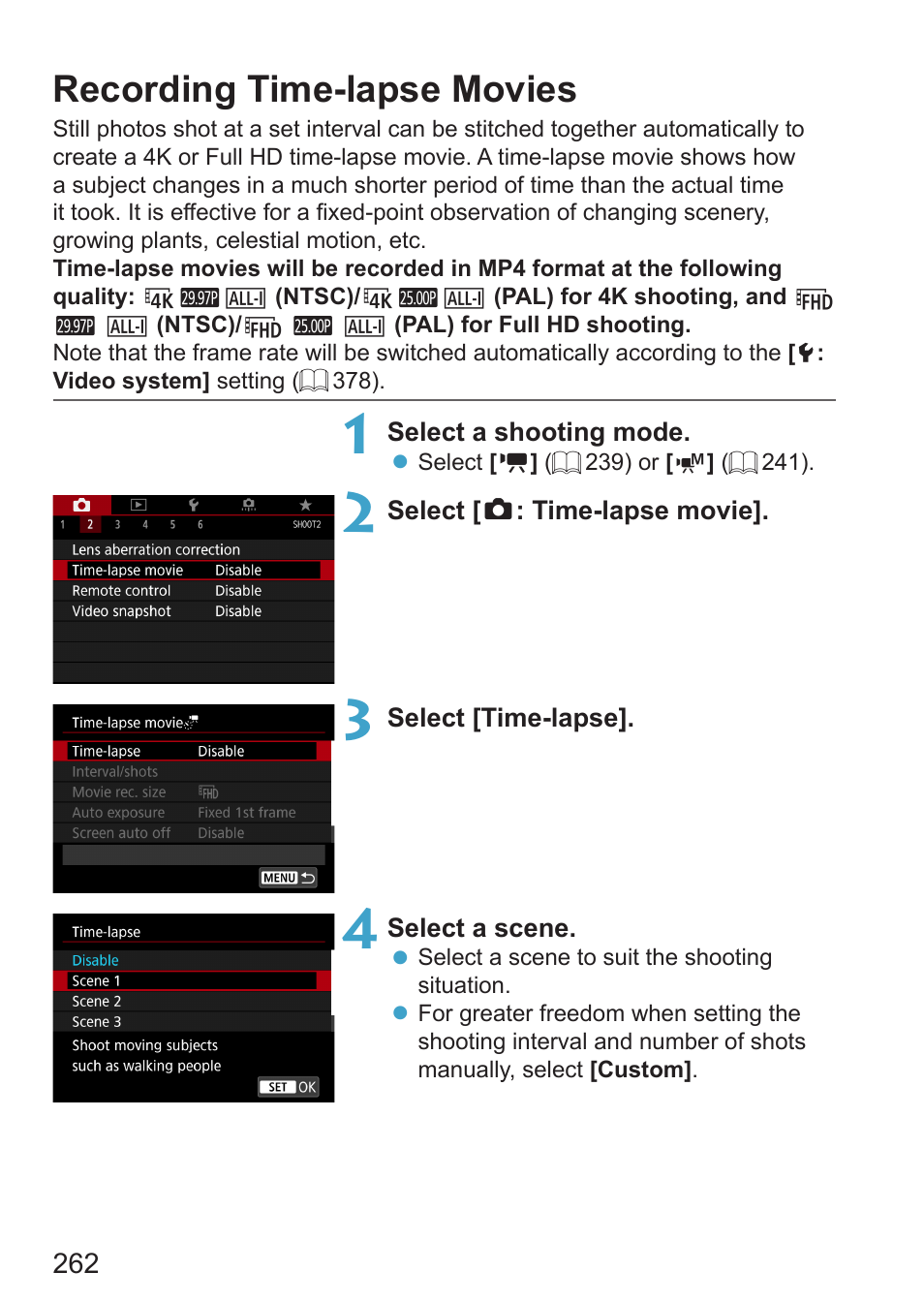 Recording time-lapse movies, Ime-lapse movie | Canon EOS RP Mirrorless Camera User Manual | Page 262 / 612