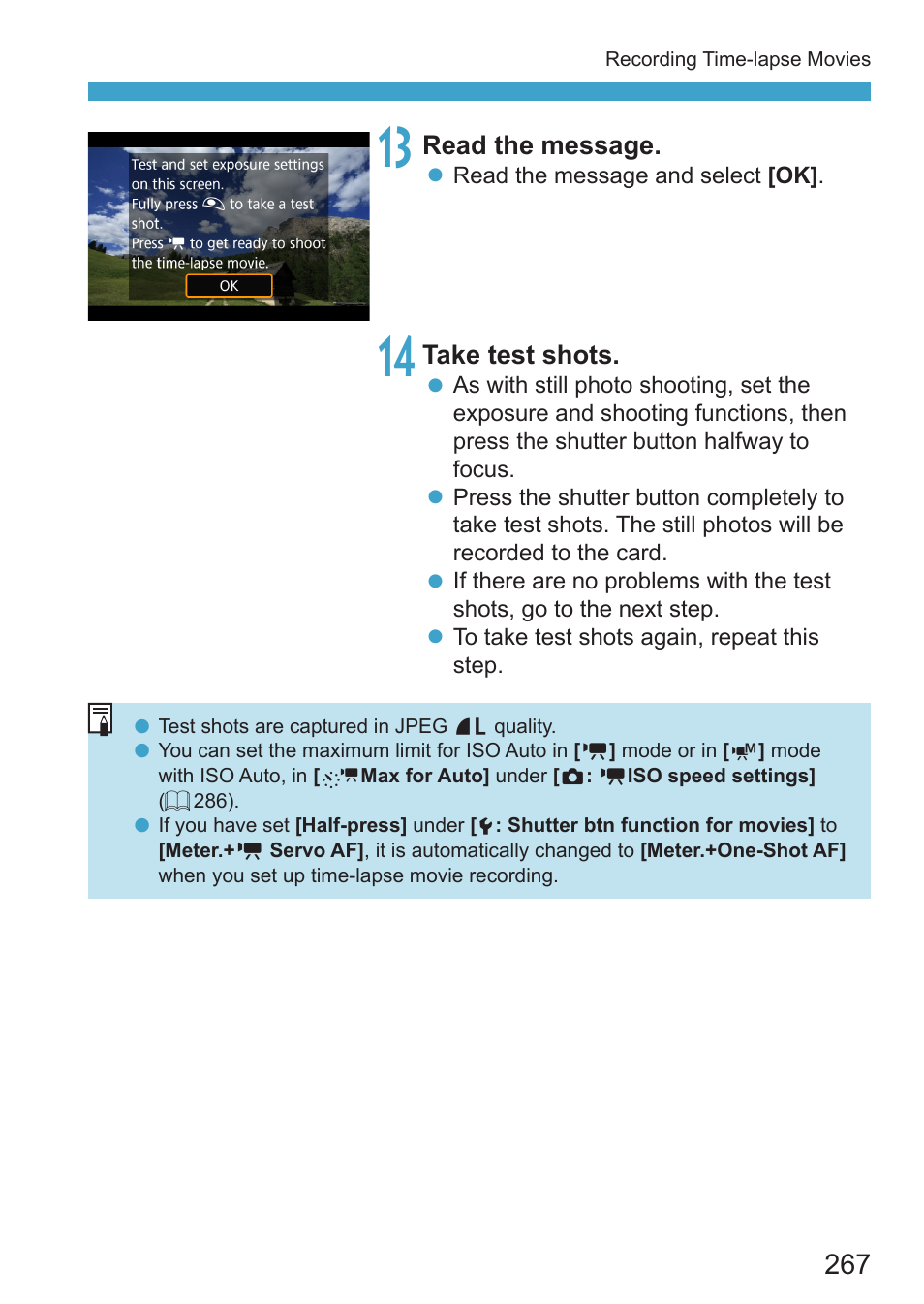 Read the message, Take test shots | Canon EOS RP Mirrorless Camera User Manual | Page 267 / 612
