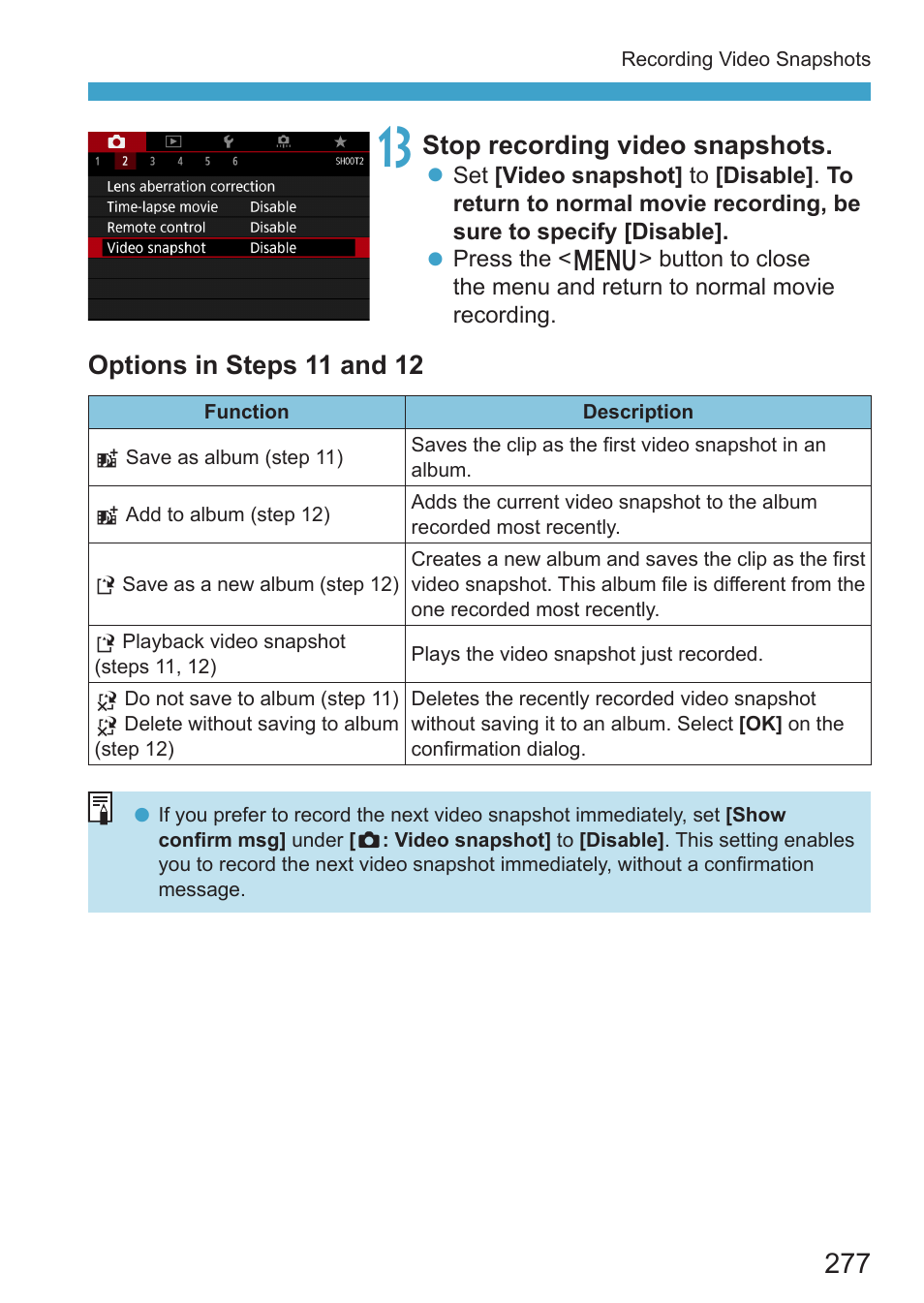 Stop recording video snapshots, Options in steps 11 and 12 | Canon EOS RP Mirrorless Camera User Manual | Page 277 / 612
