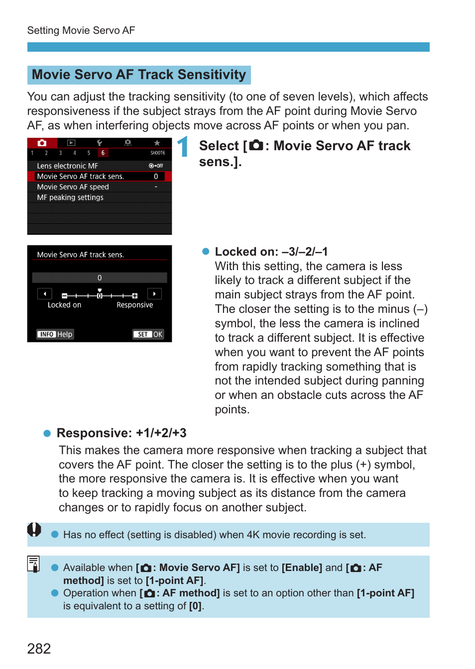 Movie servo af track sensitivity, Select [ z : movie servo af track sens | Canon EOS RP Mirrorless Camera User Manual | Page 282 / 612