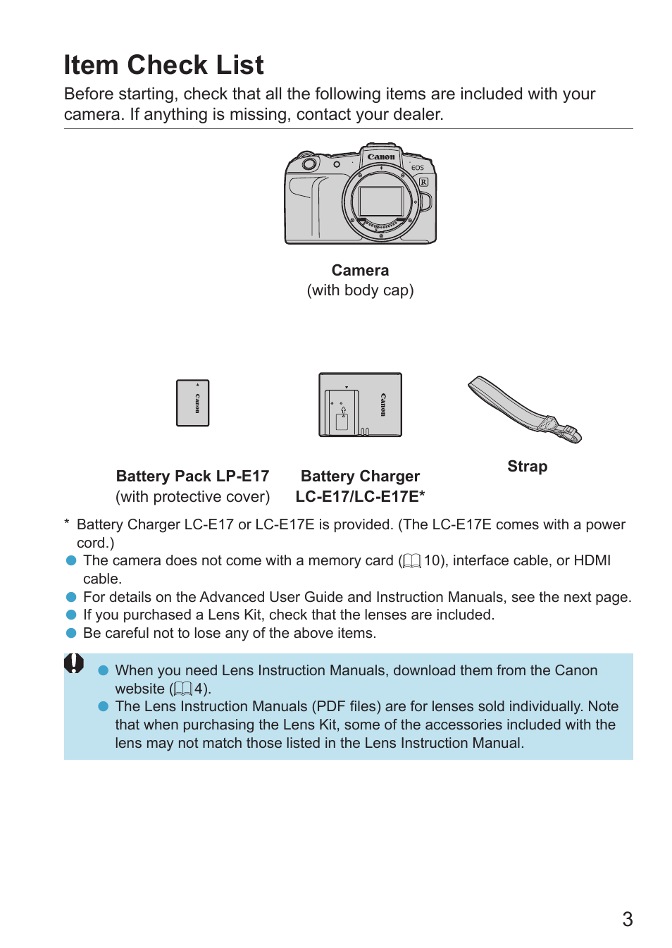 Item check list | Canon EOS RP Mirrorless Camera User Manual | Page 3 / 612