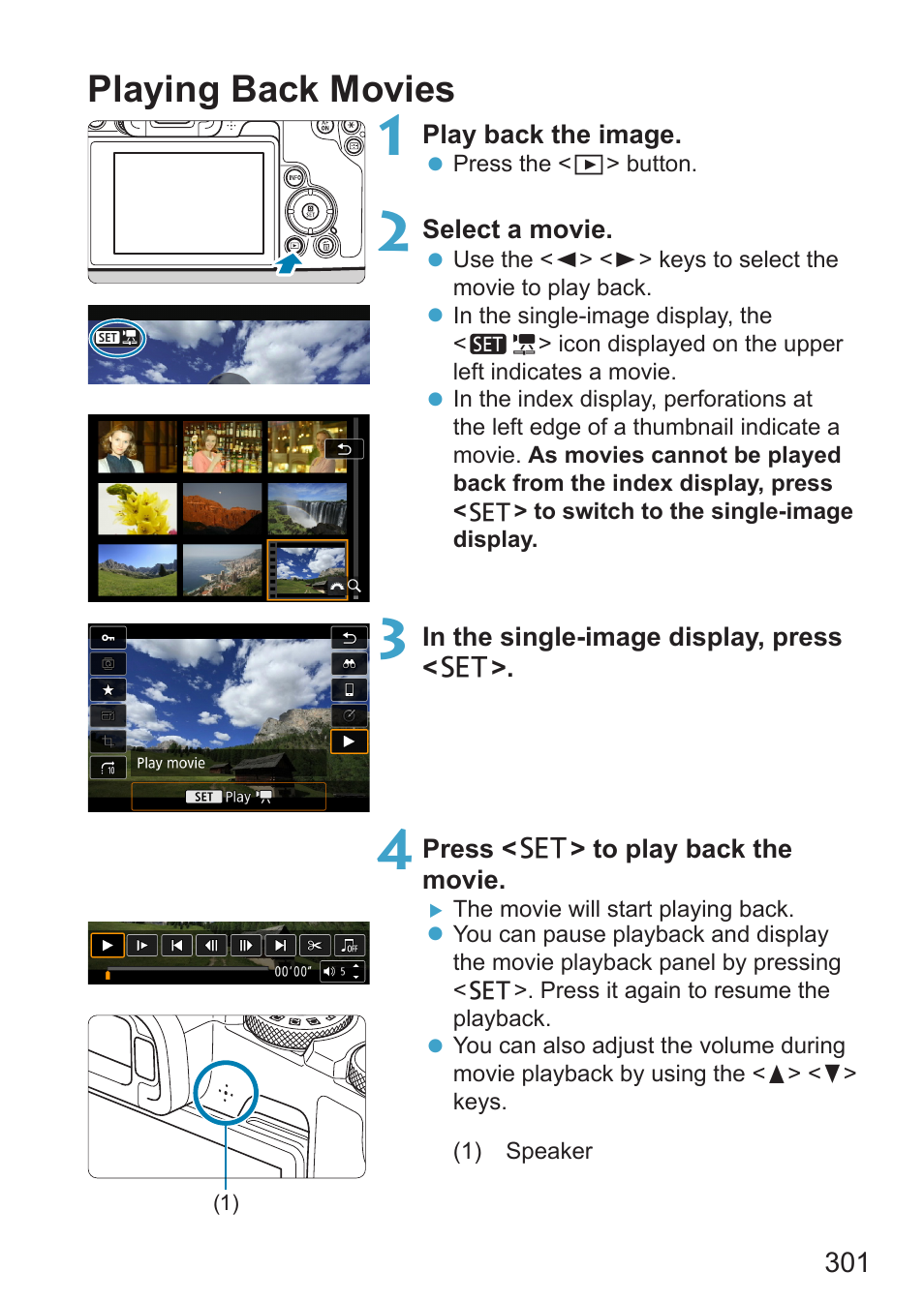 Playing back movies | Canon EOS RP Mirrorless Camera User Manual | Page 301 / 612