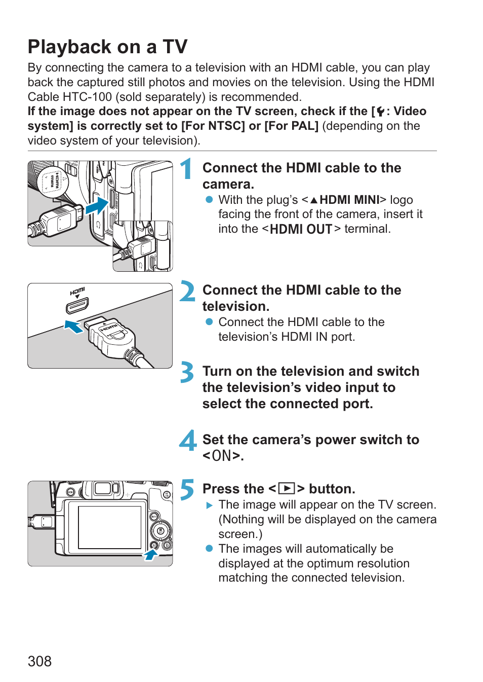 Playback on a tv, 308). note that no sound will be output, Television for movie playback | 308). (v | Canon EOS RP Mirrorless Camera User Manual | Page 308 / 612