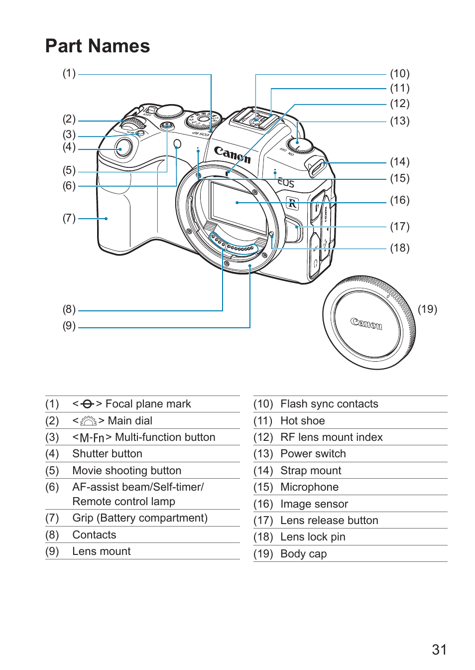 Part names | Canon EOS RP Mirrorless Camera User Manual | Page 31 / 612
