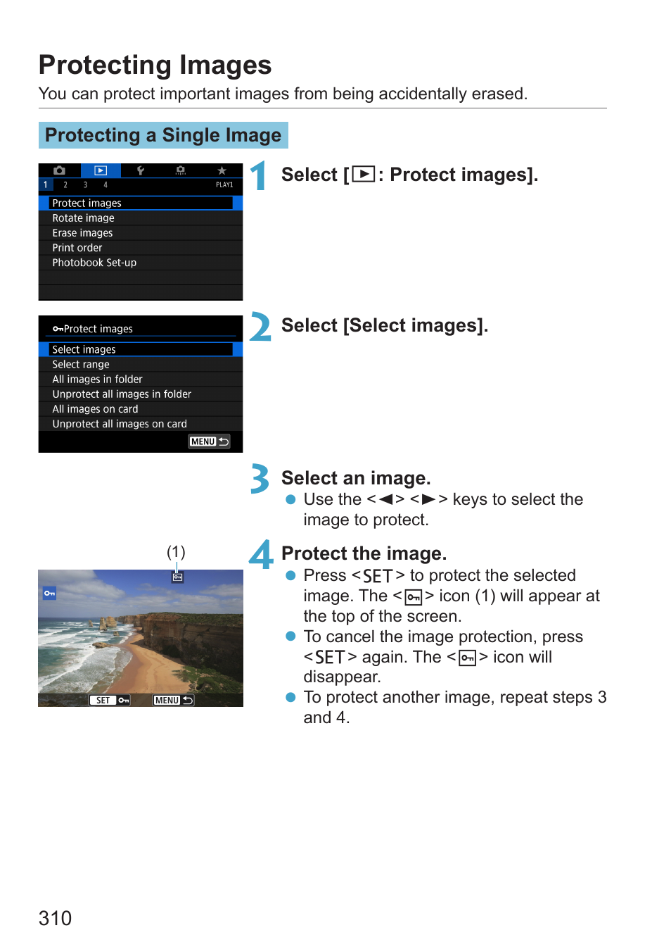 Protecting images | Canon EOS RP Mirrorless Camera User Manual | Page 310 / 612