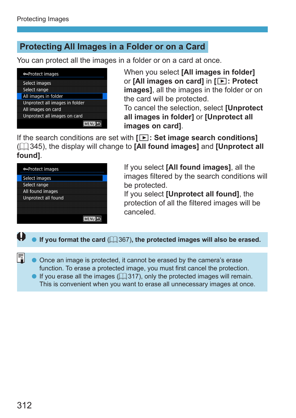 Protecting all images in a folder or on a card | Canon EOS RP Mirrorless Camera User Manual | Page 312 / 612
