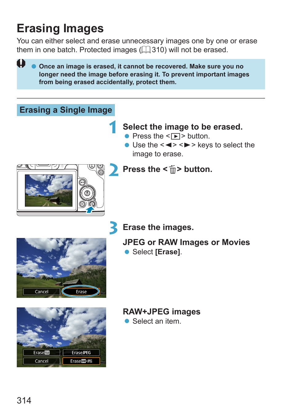 Erasing images, Erasing | Canon EOS RP Mirrorless Camera User Manual | Page 314 / 612