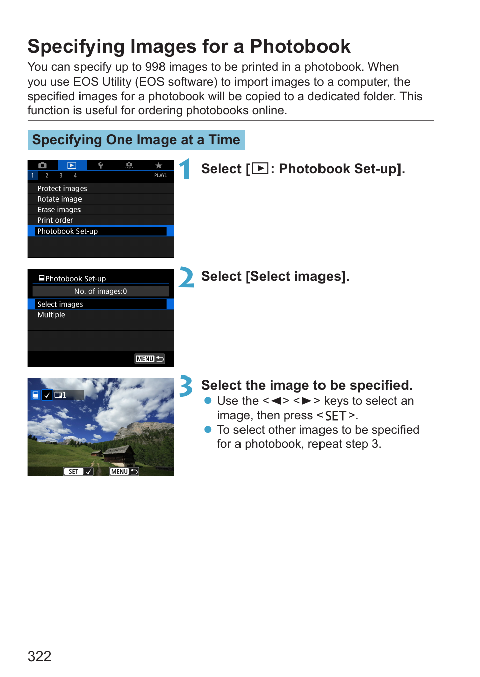Specifying images for a photobook, Photobook set-up | Canon EOS RP Mirrorless Camera User Manual | Page 322 / 612