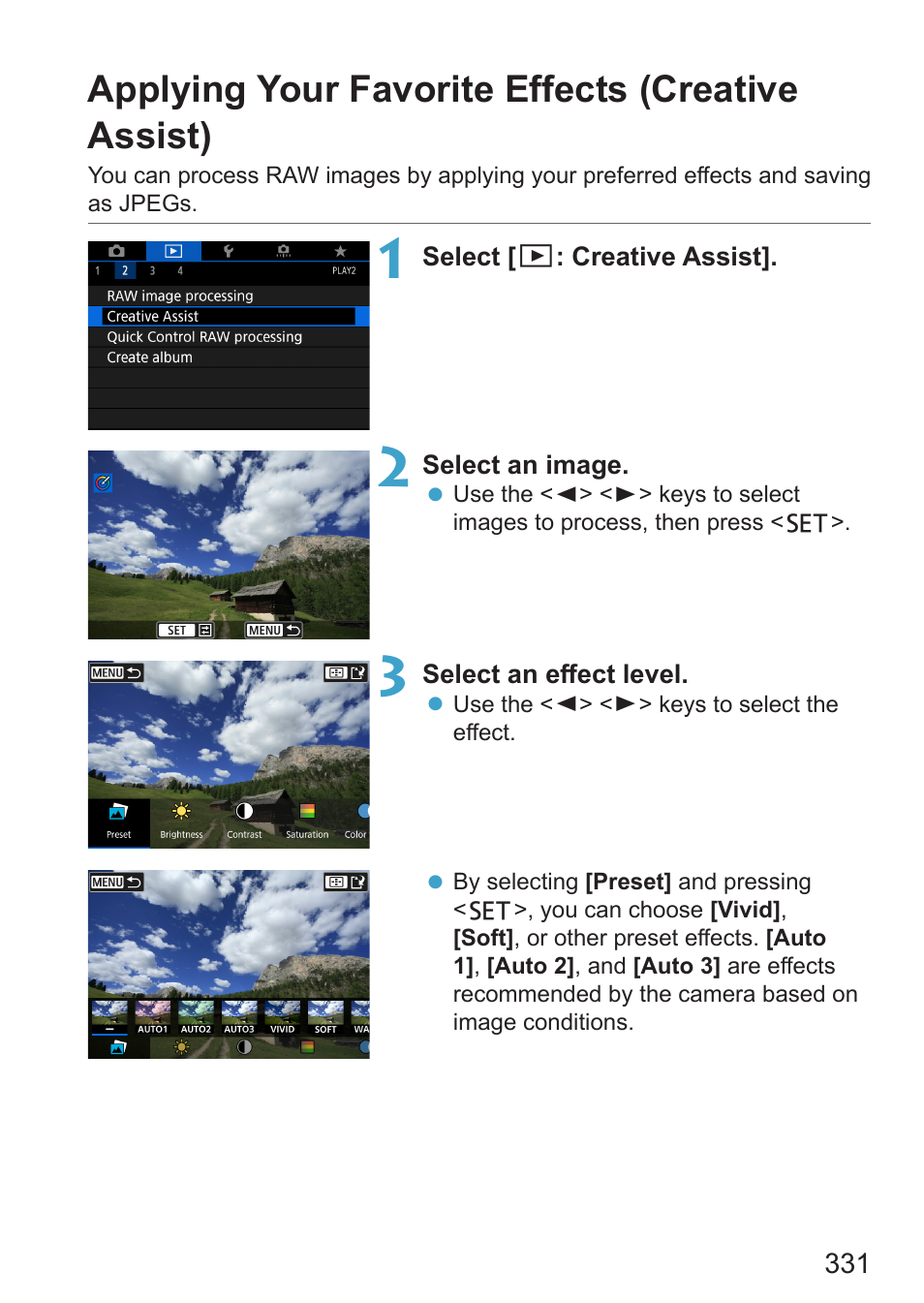 Applying your favorite effects (creative assist) | Canon EOS RP Mirrorless Camera User Manual | Page 331 / 612