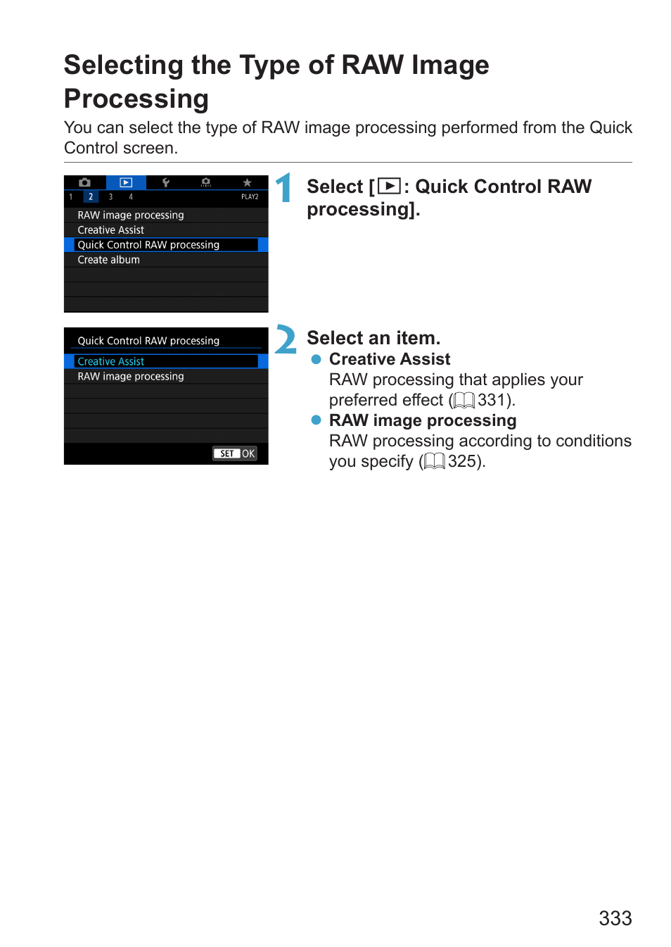 Selecting the type of raw image processing | Canon EOS RP Mirrorless Camera User Manual | Page 333 / 612