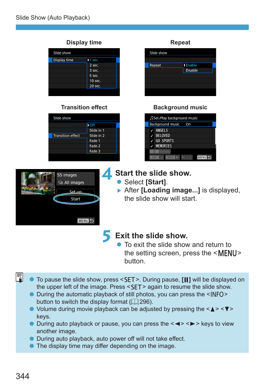 Start the slide show, Exit the slide show | Canon EOS RP Mirrorless Camera User Manual | Page 344 / 612