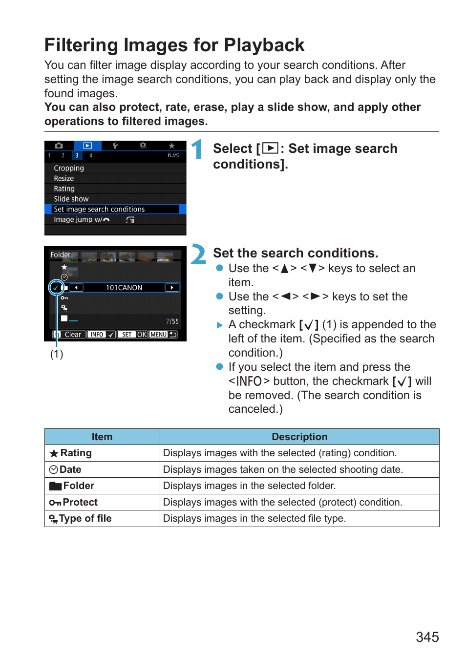 Filtering images for playback, 345), the display will change to | Canon EOS RP Mirrorless Camera User Manual | Page 345 / 612