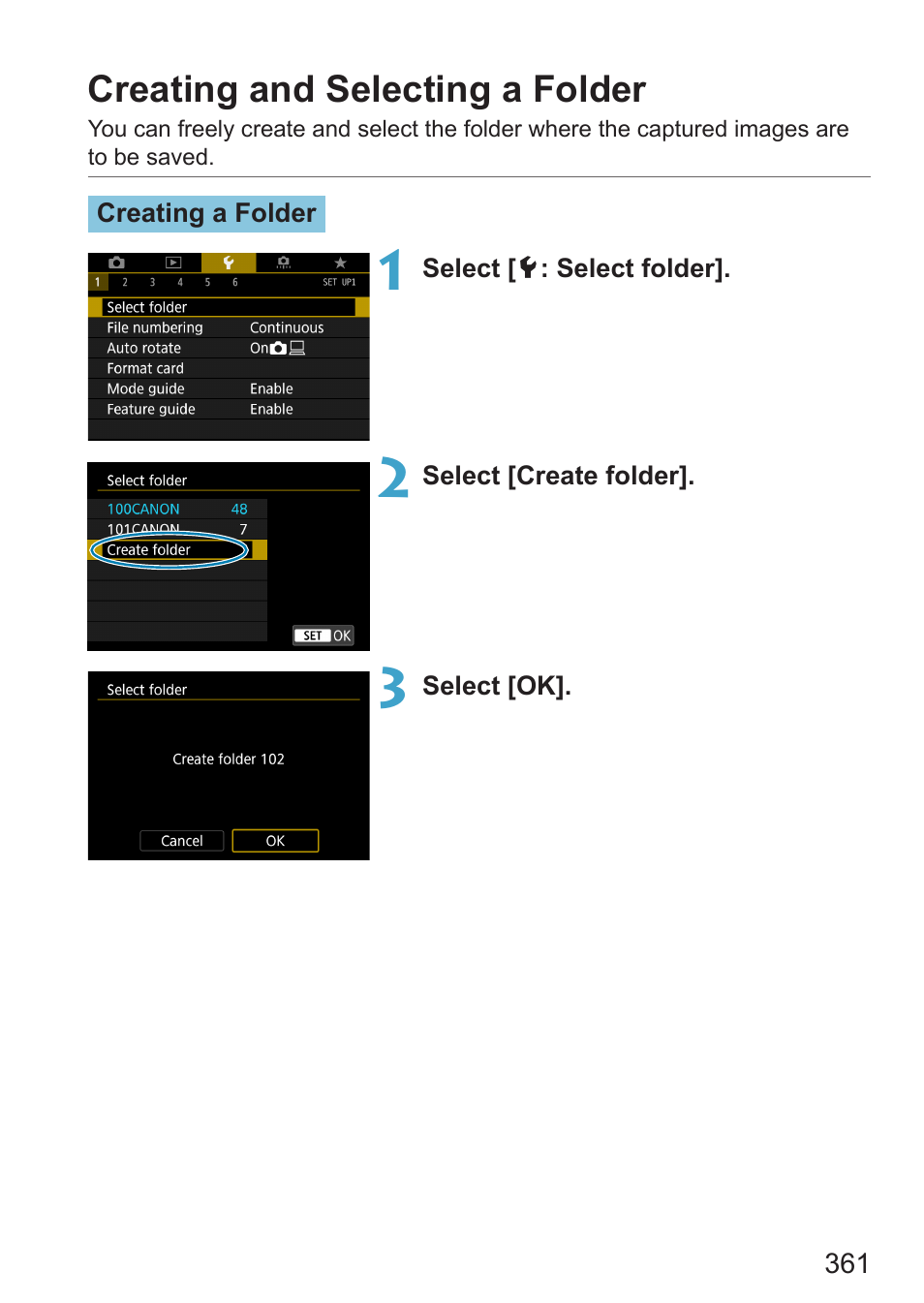 Creating and selecting a folder | Canon EOS RP Mirrorless Camera User Manual | Page 361 / 612