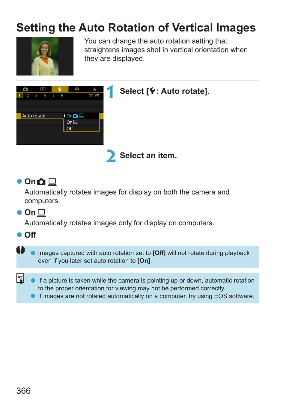 Setting the auto rotation of vertical images | Canon EOS RP Mirrorless Camera User Manual | Page 366 / 612