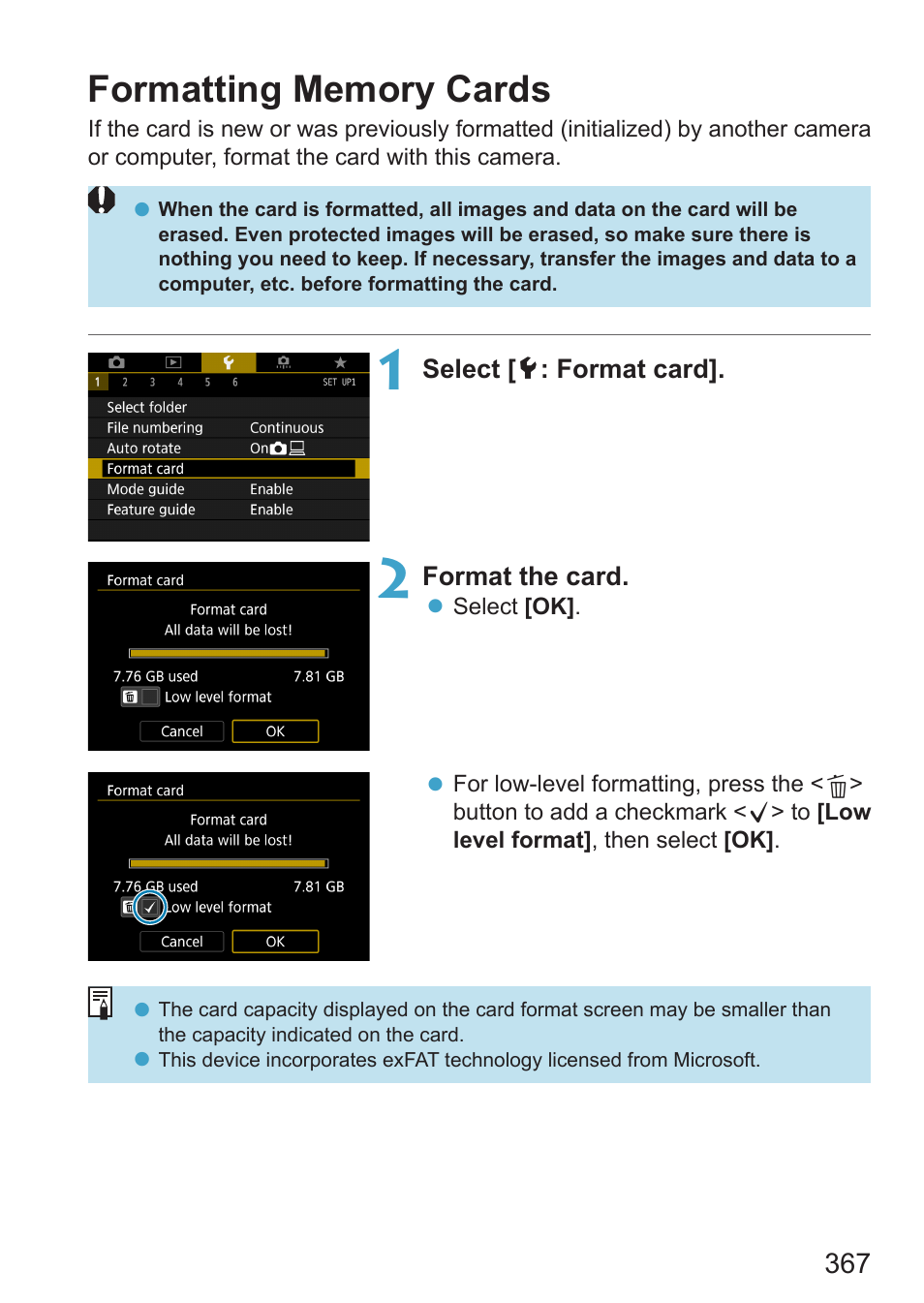 Formatting memory cards, Format the card with this camera, And then format the card with the camera | Camera before recording movies is recommended | Canon EOS RP Mirrorless Camera User Manual | Page 367 / 612