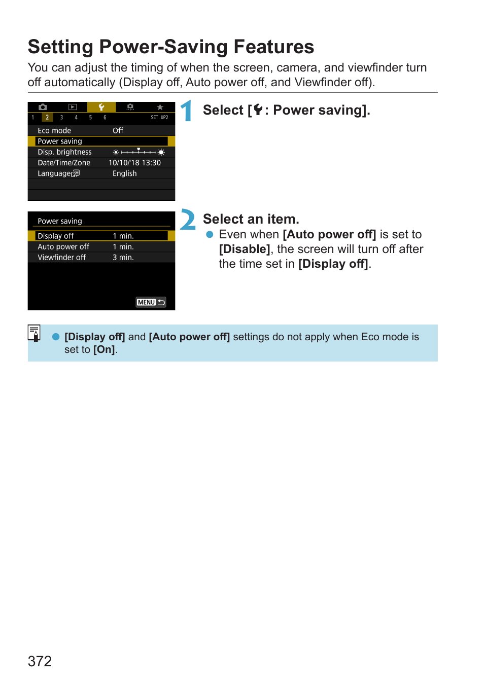 Setting power-saving features, Power saving | Canon EOS RP Mirrorless Camera User Manual | Page 372 / 612
